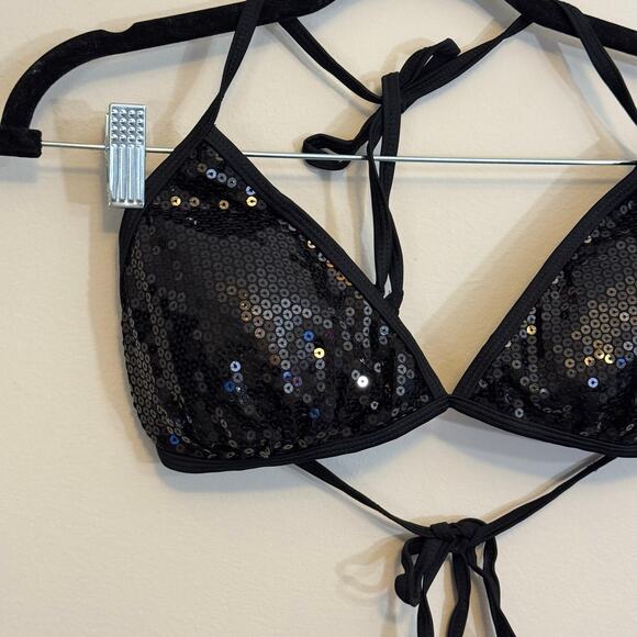 Kensie Two Piece Bikini Set L Black Sequins Halter Tie Straps Beach Summer NWT - Picture 3 of 16